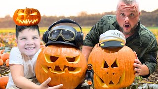 CALEB and DAD Pumpkin CARVING CONTEST! PUMPKIN GUTS \u0026 JACK-O-LANTERN PUMPKiNS Halloween Family FUN!