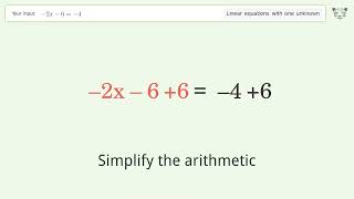 Linear equation with one unknown: Solve -2x-6=-4 step-by-step solution