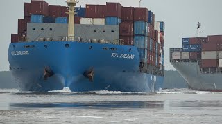 An Astonishing Scene: Two Container Ships Turning In Opposite Directions At A River Junction