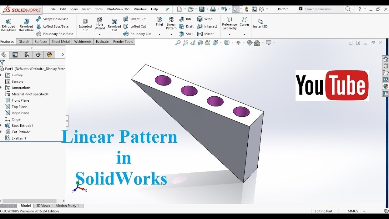 Solidworks Tutorial 3 Linear Pattern In 3d Youtube