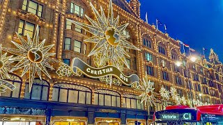 London Christmas Lights Windows Shopping Harrods & Harvey Nichols | London Walk 2022 [4K HDR]