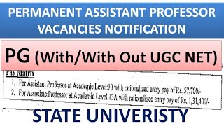 Permanent Assistant Professor Vacancies in State University | PG(With/With Out UGC NET) | 57,700 pm