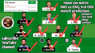 IND vs ENG 3rd ODI match Dream11 today team IND vs ENG today live match fantasy team #shorts #sports