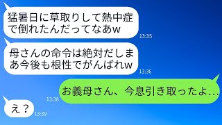 猛暑の日、意地悪な姑から庭の草むしりを強いられ、熱中症になり夫に助けを求めたが…夫は「根性で頑張れｗ俺は飲みに行くからｗ」→翌日亡くなったのは、私ではなくなぜか姑だった…