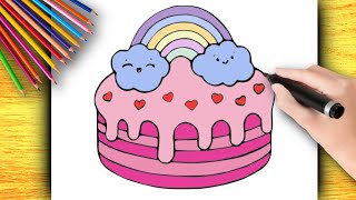 🌈🍰🎂HOW TO DRAW A CUTE RAINBOW BIRTHDAY CAKE ✨ Draw so cute EASY