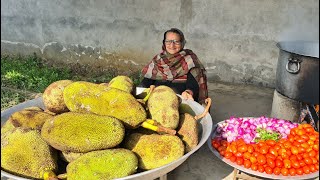 JACKFRUIT TOMATO MASALA CURRY | RAW JACKFRUIT RECIPE | KATHAL GRAVY RECIPE COOKING IN VILLAGE