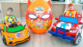 व्लाद और निकी कारों पर सवारी करते हैं और खिलौनों के साथ डायनासोर आश्चर्य अंडे का पीछा करते हैं