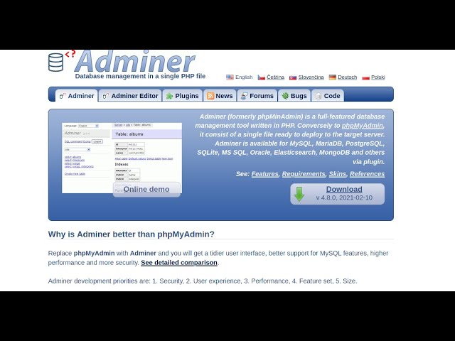 Adminer Database management, Installation Theme and Plugins’ Adminer Database management, Installation Theme and Plugins