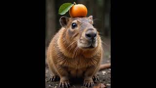 a cute capybara with an orange on his head, staring far away 🐀#mouse #capybara