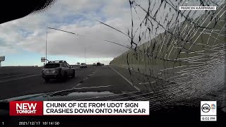 Caught on video: Ice falls from I-15 exit sign, shatters windshield