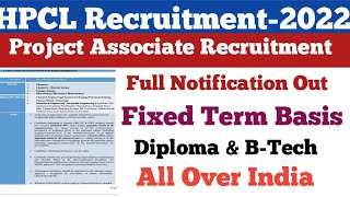 HPCL Project Associate Full Notification Out||Diploma Eligible||Fixed Term Basis||All Over India