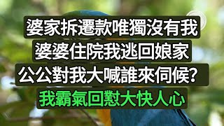 婆家拆遷款唯獨沒有我，婆婆住院我逃回娘家，公公對我大喊誰來伺候？我霸氣回懟大快人心#悠然歲月#情感故事#子女不孝 #生活哲學 #自主養老 #抱團養老 #獨立養老 #不肖子孫