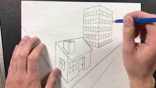 031 Drawing a house and sky scraper in two point perspective