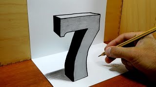 3D Trick Art on Paper, Number Seven with Graphite Pencil