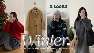 winter lookbook연말에 뭐입지?🥂5가지 겨울 연말룩 추천🎄🎅🏻발마칸 울 코트부터 노르딕 니트 까지! 겨울 아이템 100% 활용하기, 타이 니트, 롱스커트, 패딩 추천