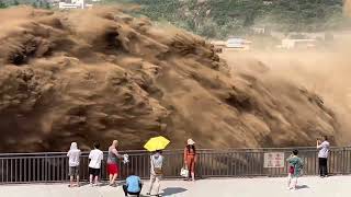 黄河小浪底水库排沙泄洪，场面非常震撼，现场实拍 Sand and flood discharge from the Xiaolangdi Reservoir on the Yellow River