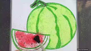Mewarnai gambar semangka | buah | Menggambar, melukis | pasir warna-warni | cerita | sand painting
