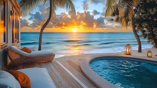 Tranquil Oceanfront Sunset ASMR 🌴 Peaceful Beach Waves ASMR \u0026 Cozy Fireplace Sounds for Relaxation