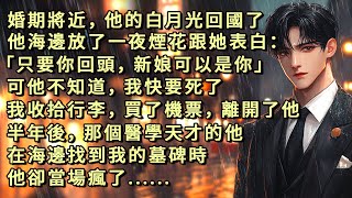 婚期將近，他的白月光回國了，他海邊放了一夜煙花，跟她表白「只要你回心轉意，新娘可以是你」可他不知道，我快要死了，我收拾行李，買了機票離開了他，半年後，醫學天才的他在海邊找到我的墓碑時，他卻當場瘋了