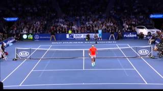 Little kid outplays Rodger Federer and hits a perfect lob shot - Exhibition Tennis 2015