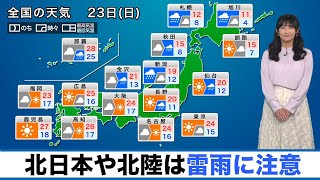 【23日(日)の天気】寒冷前線が通過し、北日本や北陸は雷雨に注意