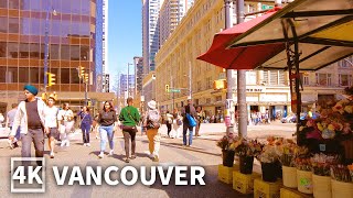 【4K】Downtown Vancouver Walk in the Beautiful Sunny Spring  | Travel Canada (Binaural City Sounds)