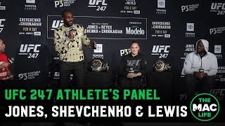 Jon Jones arrives late to join Valentina Shevchenko & Derrick Lewis | UFC 247 Athlete’s Panel