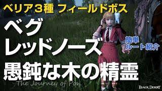 [黒い砂漠] 初心者さん向け 簡単ルート紹介 ベリア３種フィールドボス ベグ レッドノーズ 愚鈍な木の精霊 赤い羽毛やボス防具も入手可能 [BlackDesert]