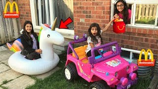 McDonalds Drive Thru Prank! inflatable Power Wheels Ride On Car Kids Pretend Play