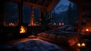 Thunderstorm in a Cozy Bedroom with Crackling Fireplace | Heavy Rain \u0026 Distant Thunder