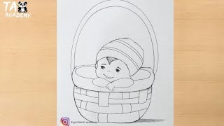 Cute baby sitting inside basket pencildrawing@TaposhiartsAcademy