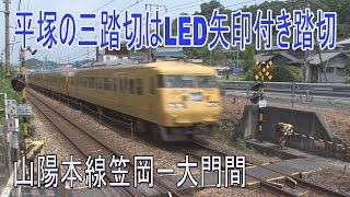 【踏切動画】山陽本線平塚の三踏切は警報灯が矢印の踏切　Railway crossing in JAPAN