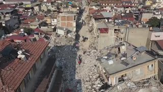 Drone footage shows devastating damage after powerful earthquakes hit Turkey
