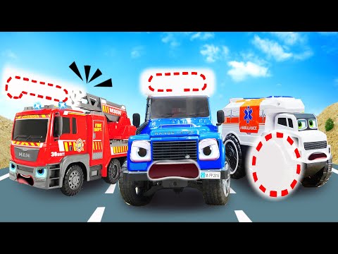 Camión de bomberos, coche de policía y ambulancia reparando un coche de juguete Doctor Dinky TV