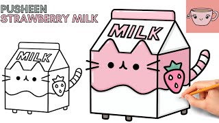 How To Draw Pusheen Cat - Strawberry Milk Carton | Cute Easy Step By Step Drawing Tutorial