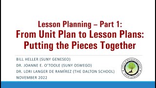 Lesson Planning Part 1 – From Unit Plan to Lesson Plans: Putting the Pieces Together