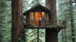 Lonely man builds a handmade tree house. A great place to relax