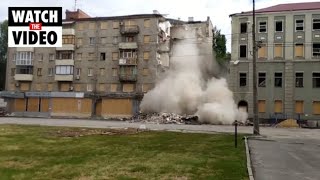 Rescuers Knock Down Damaged Building After Deadly Overnight Strikes in Kharkiv Region