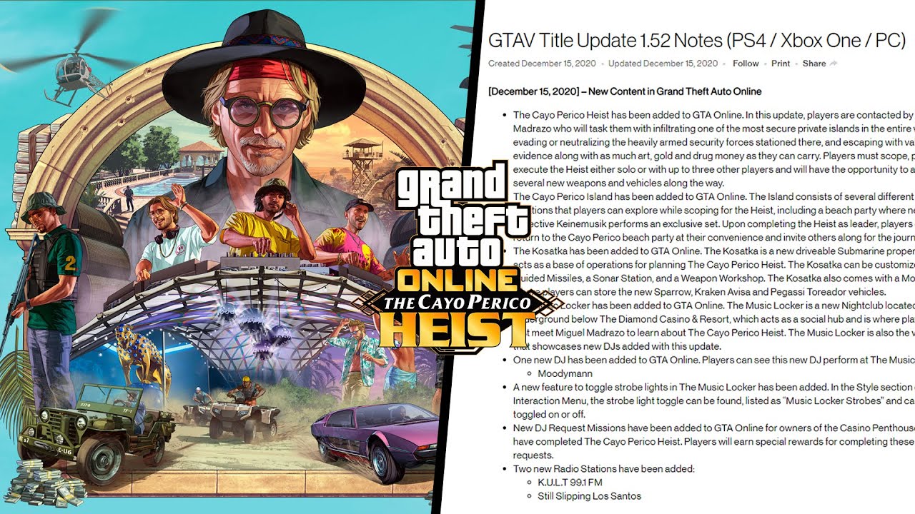 Gta Online Cayo Perico Heist Dlc Update Huge Log Changes Gta 5 1 52