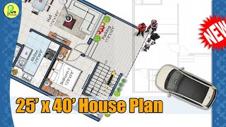 25×40 house plan with car parking, east facing, 25 by 40 home plan, 25*40 house design, #houseplan