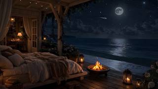 [No Ads] Calming Waves for Sleep🌙 24/7 Live Ocean Sounds & Fire | Cozy Night Porch Ambience