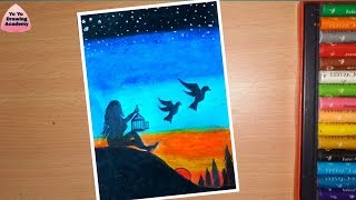 Girl freeing Birds drawing with Oil Pastels - step by step || How to draw Birds Want freedom