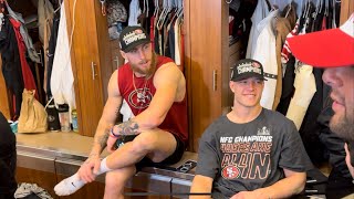 GEORGE KITTLE & CHRISTIAN MCCAFFREY CELEBRATE TOGETHER IN LOCKER ROOM AFTER NFC CHAMPIONSHIP WIN
