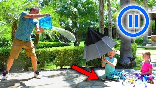 Pause Challenge in Real Life!!! Pranking Our Dad Shrinking Anything He Touches!