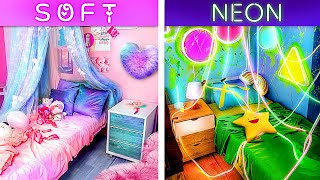 EXTREME ROOM MAKEOVER CHALLENGE / We Built Our Dream Houses! Soft Girl vs Neon Girl