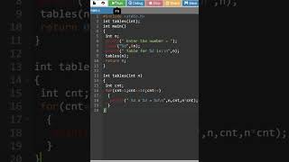 c program to print a table of any number using functions #short