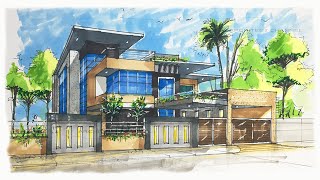 HOW TO DRAW 2 POINT PERSPECTIVE OF A MODERN HOUSE.