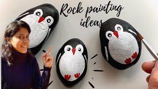 Rock painting ideas| stone painting of penguins| how to paint penguins on stones| hand painted rocks