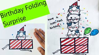 How to draw birthday folding surprise animals Cute Cat in box Birthday card Diy
