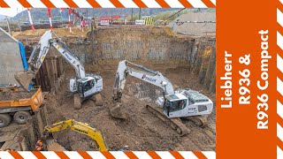 Two white Liebherr R936 machines digging up an embankment - Midweek Moments